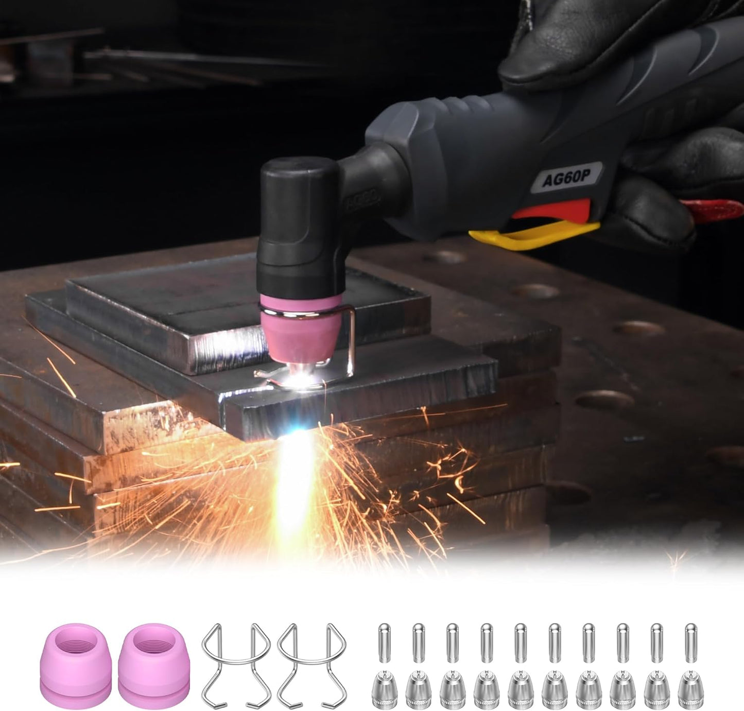 24Pcs AG60P Plasma Cutter Consumables Accessories AG-60 SG-55 WSD-60 Cutting Torch Plasma Cutter Tips Nozzles Kit for Plasma Cutting Equipment