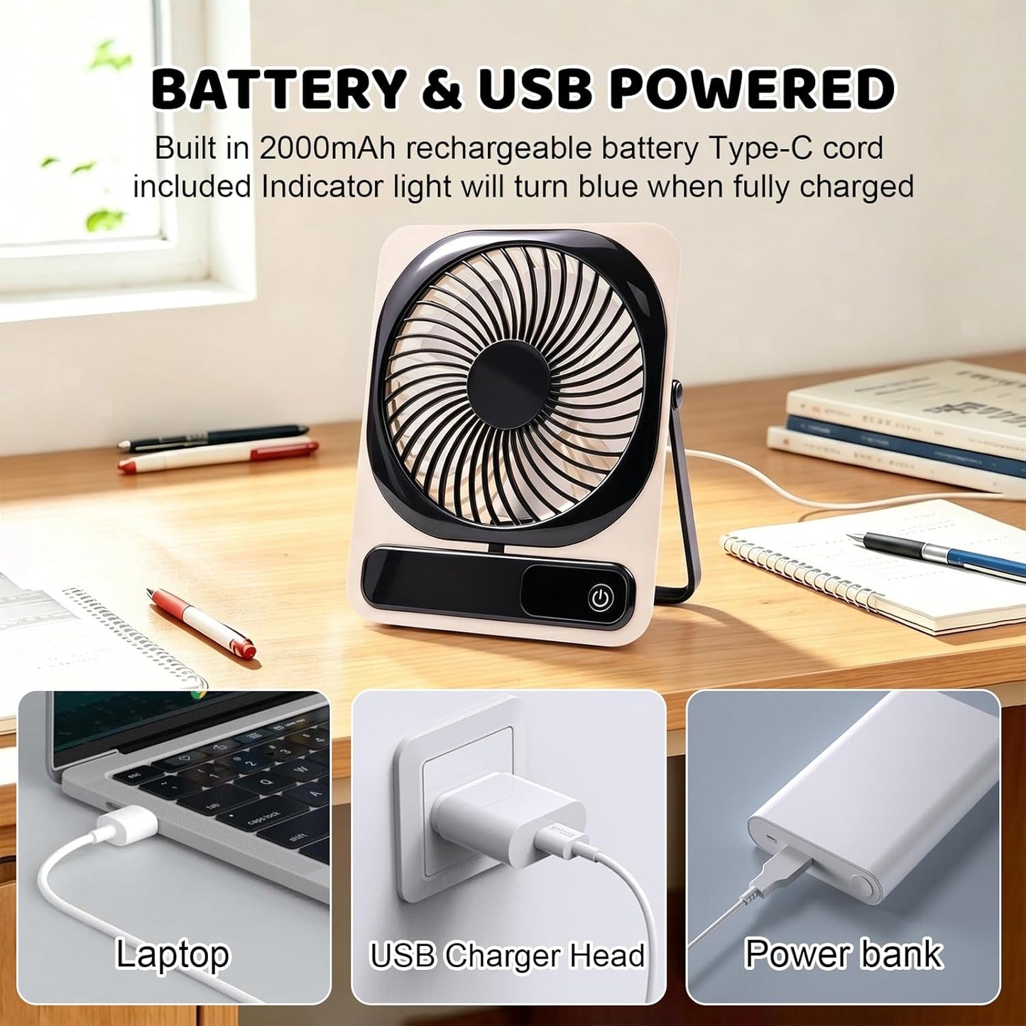 Qoqooice Portable Desk Fan Battery Operated, Quiet USB Rechargeable Mini Personal Fan with 10H Battery 5 Speeds 180° Foldable Design Small Table for Office Home Bedroom Travel Camping