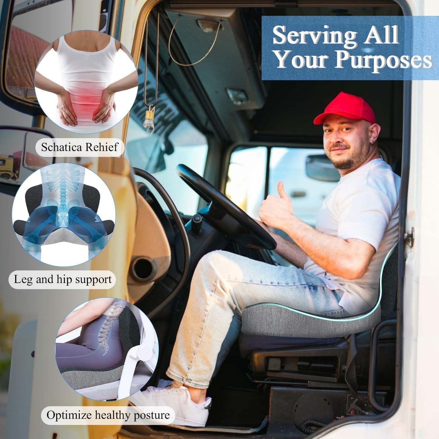 Seat Cushion for Truck Driver, Memory Foam Truck Seat Cushion with Adjustable Strap β Ergonomic Back Support & Sciatica Relief for Long Drives, Semi Truck Accessories