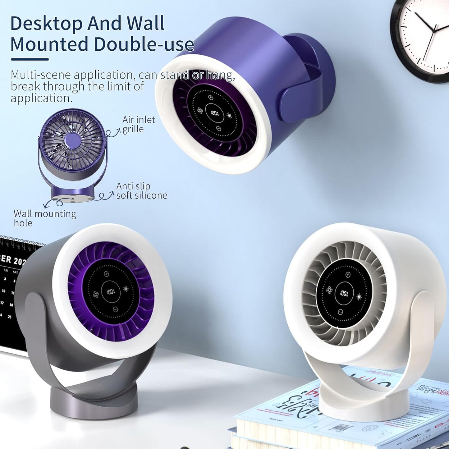 USB Rechargeable Desk Fan – Ultra Quiet <35dB, LED Touch Control, 100 Speed Levels, 360° Adjustable, Wall Mount or Table Use, Timer & Night Light, for Bedroom, Office, Travel