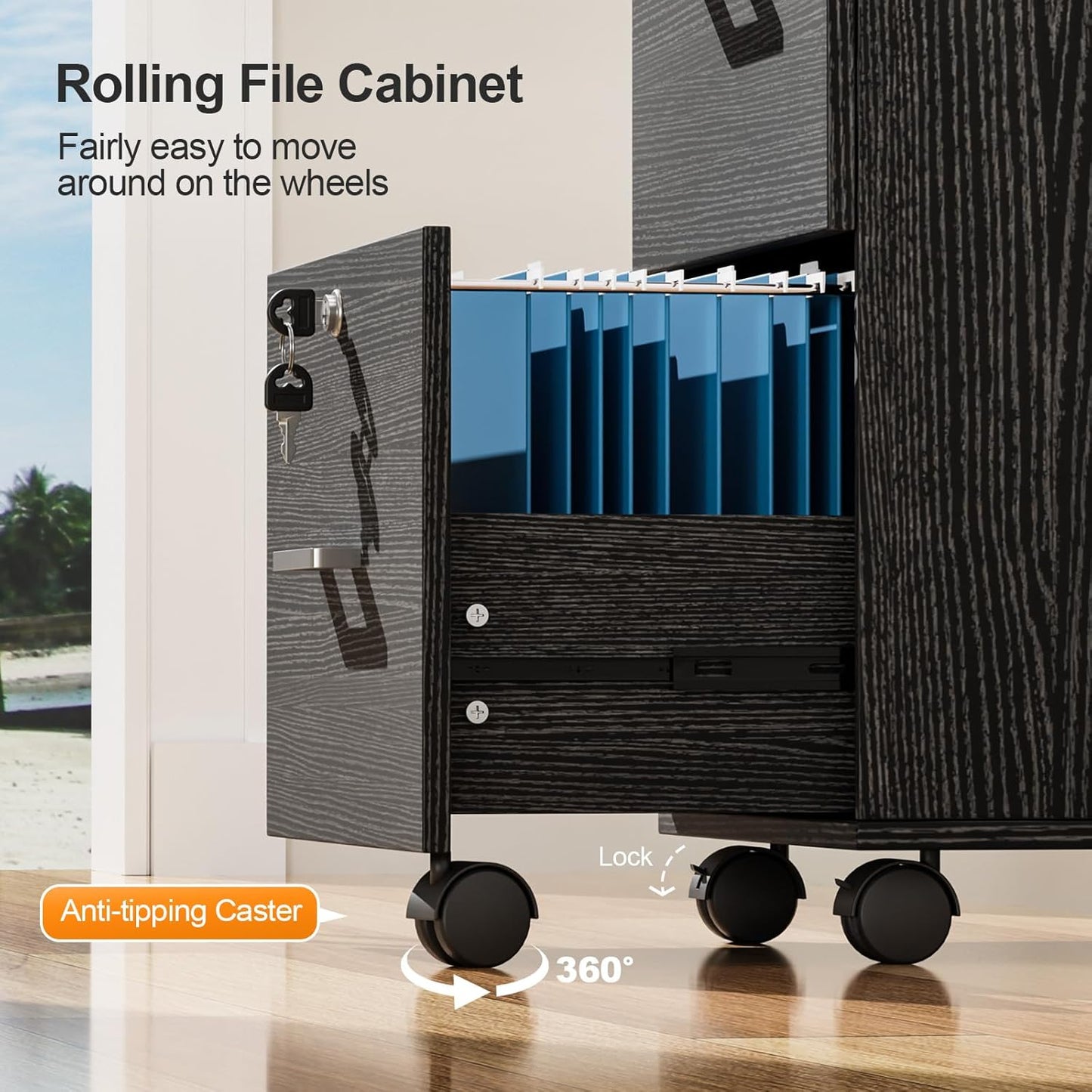 VINGLI 3-Drawer File Cabinet with Lock, Wood Rolling Filing Cabinets for Home Office, Mobile Printer Stand, Under Desk File Organizer for Letter Sized Files, 26" H(Caster Included), Black