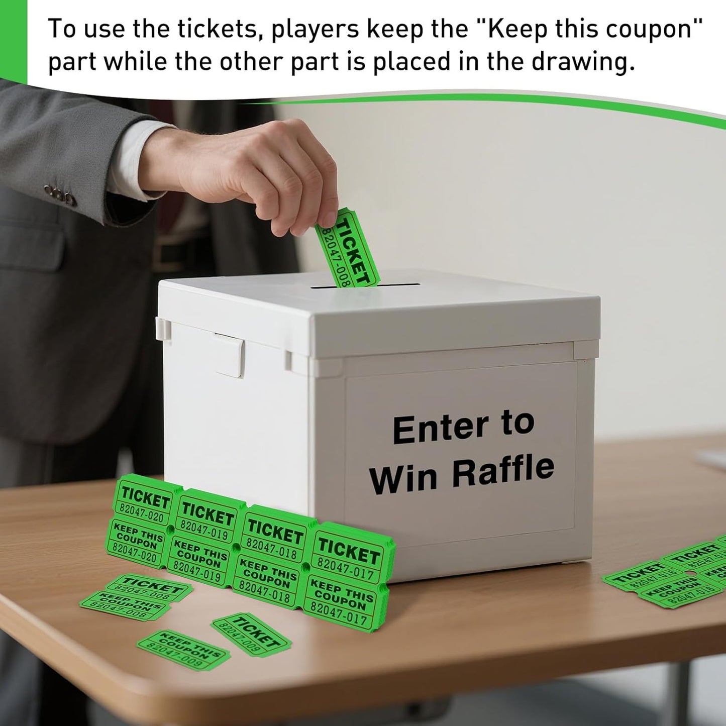 DGBDPACK 100 Raffle Tickets, 50/50 Double Ticket, Bold Numbers for Easy Reading, Ticket for Events, Entry, Class Reward & Prizes -Green
