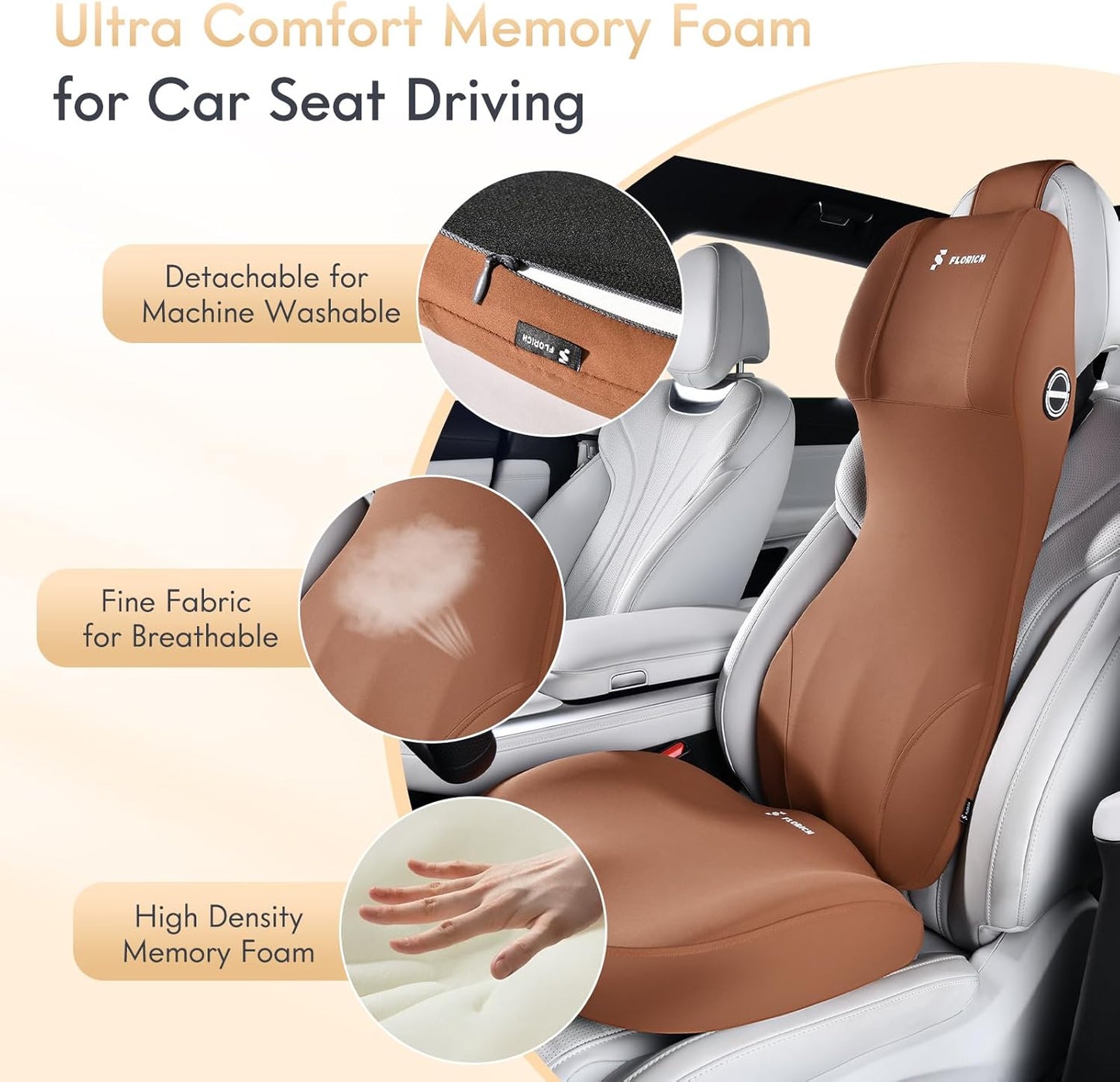 FLORICH Memory Foam Seat Cushion for Car and Lumbar Support Headrest Pillow Ergonomic Car Seat Back Support Neck Pillow for Driving Truck Driver Seat Cushion Lumbar Pillows for Back Pain Relief, Brown