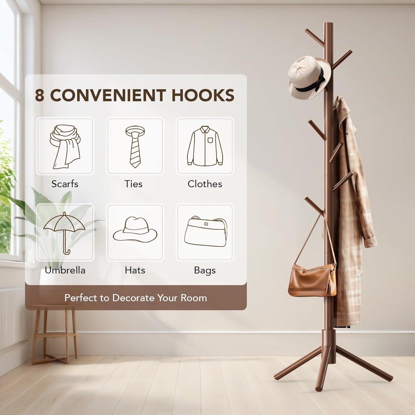 Wooden Tree Coat Rack Stand,Sturdy Freestanding Coat Rack with 8 Hooks,3 Adjustable Height for Child Adult,Wood Coat Stand Tree Fits Entryway Bedroom Office for Bags,Hats - Lumora Desk