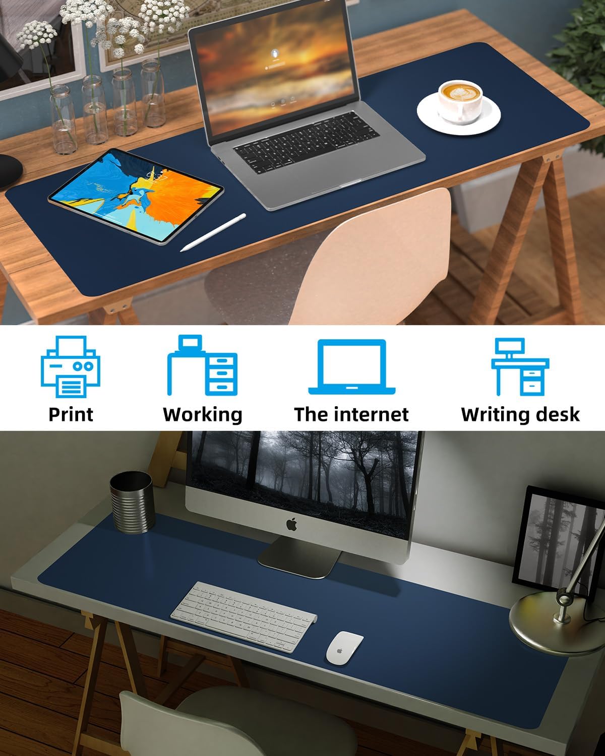Desk mat Large, Leather Desk Pad Protector,Office Desk Mat,Mouse Pad, Non-Slip Desk Blotter, Laptop Desk Pad, Waterproof Desk Writing Pad for Office&Home (Midnight Blue, 48" x 24")