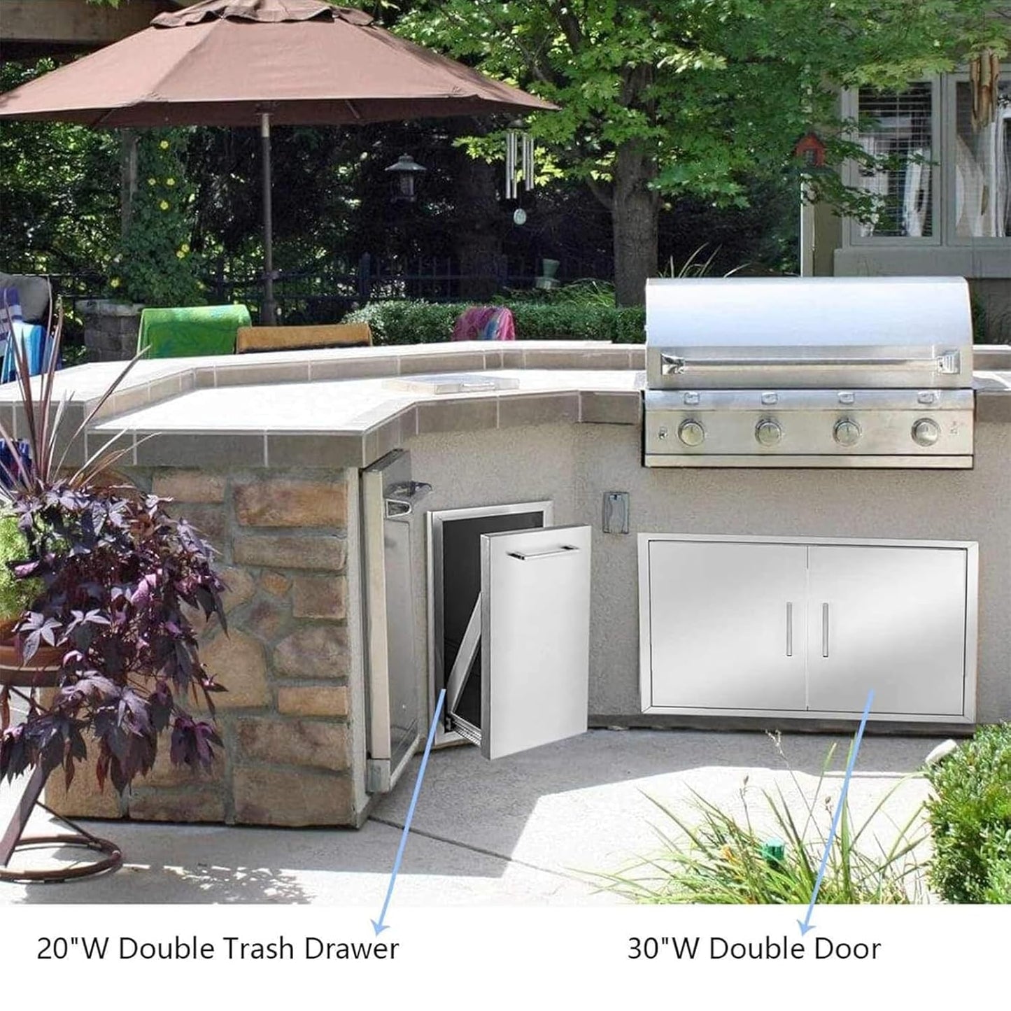 Pull-Out Trash Drawer Stainless Steel Outdoor Kitchen Trash Drawer Storage for Two 10 Gallon Commercial Wastebaskets (W/handle-17x23x16)