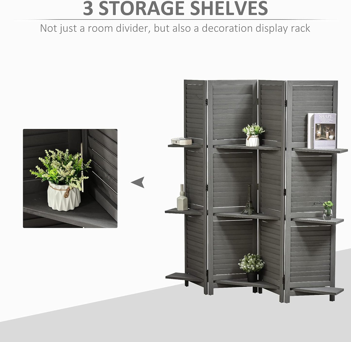 NicBex Room Divider 4 Panel Room Dividers with Storage Shelves Partition Room Dividers and Folding Privacy Screens 5.6 FT Wall Divider for Home, Office, Room Separation,63.75"W x 0.75"D x 67"H, Gray - Lumora Desk
