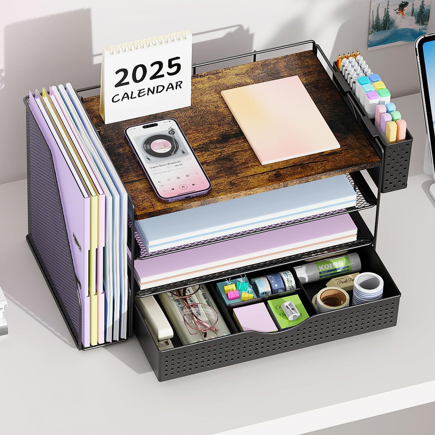 Wood Desk Organizers and Accessories with File Holder, 4-Tier Desk Accessories & Workspace Organizers with Drawer and Pen Holder, Paper Organizer for Office Supplies (Wood)