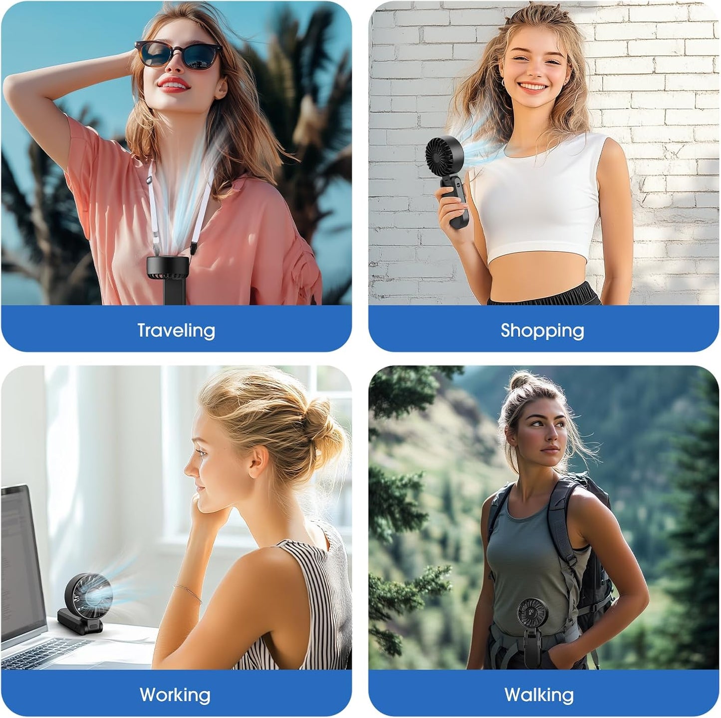 【5200mAh】Portable Handheld Fans for Travel, High-Speed Motor, Rechargeable Hand Held Fan, 5 Speed,180°Foldable, Small Personal Fan,4-IN-1 Hand/Desk/Waist/Neck Fans,Summer Beach Travel Essentials
