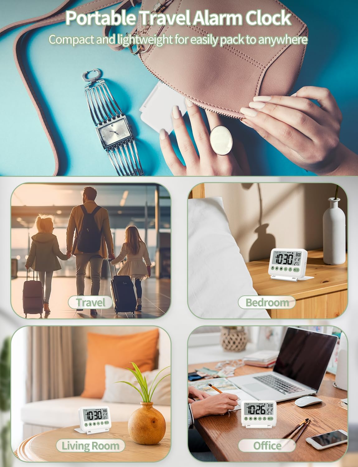 Digital Travel Alarm Clock - 3.54 inch LCD Display, 9-Minute Snooze, 2 Volume Levels, Backlight, Battery Included (White)