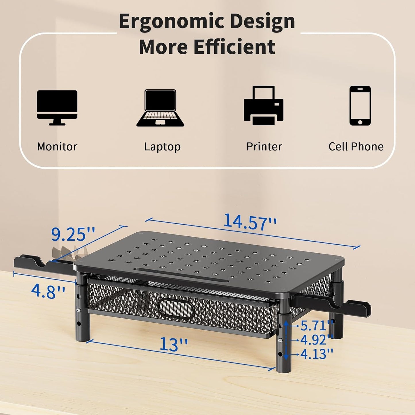 Zimilar 2 Pack Monitor Stand Riser with Metal Drawer, 3 Height Adjustable Monitor Riser with Phone Holder for Printer, Laptop, Premium Metal Computer Monitor Stand with Storage for 2 Monitors