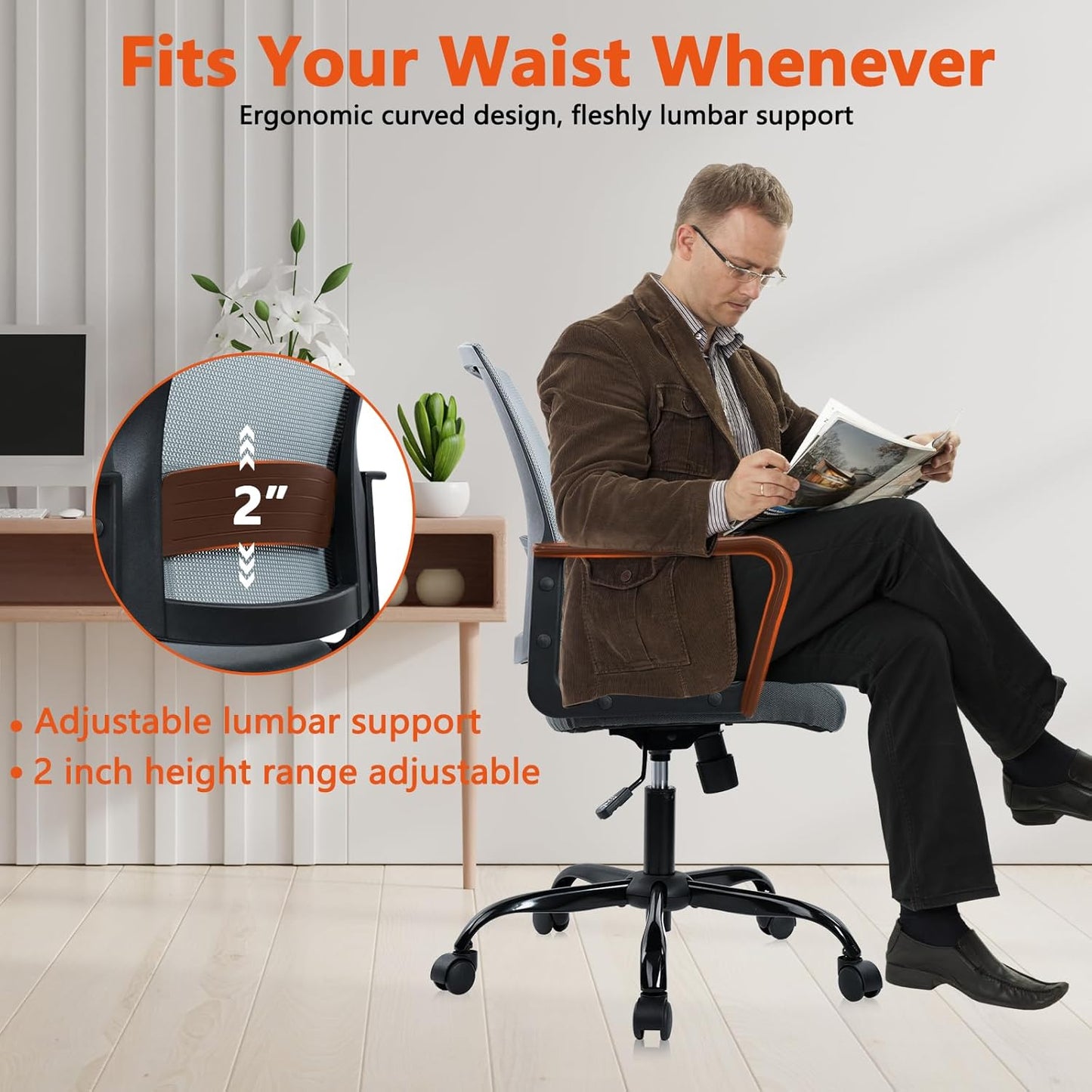 CLATINA Ergonomic Office Desk Chair - Mesh Office Chair with Adjustable Lumbar Support, Rolling Comfortable Computer Task Chairs with Arms for Home Conference-Gray, 4 Pack