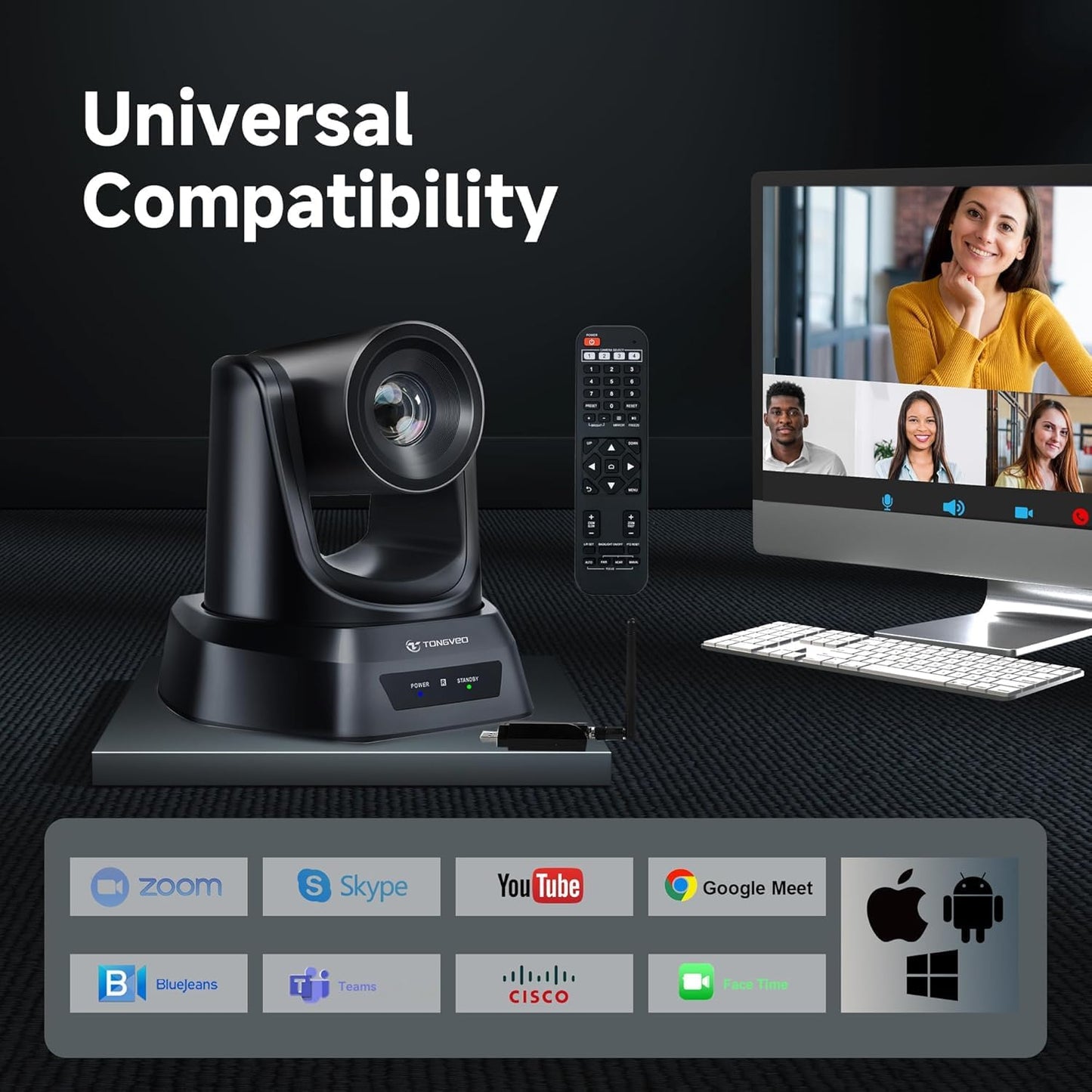 5.8GHz Wireless Conference Room Webcam, Church Live Streaming 3X USB 1080P 60fps PTZ Camera for Worship Services Online Conference, Works with Zoom, OBS Easy to Set Up