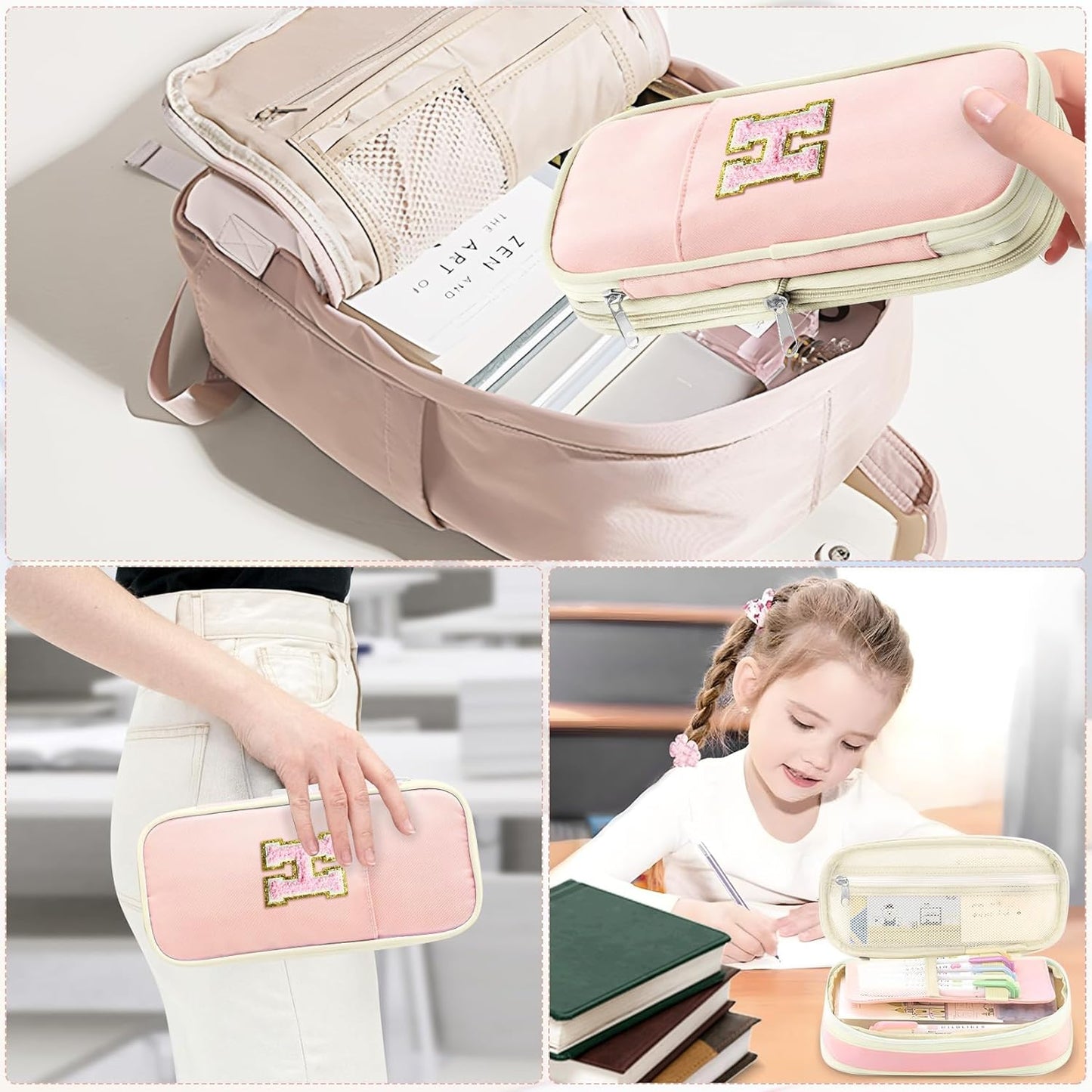 Preppy Pencil Case for Girls, Large Initial Pencil Pouch for School Supplies, Portable Pink Pen Bag with Zipper, Cute Aesthetic Pen Box, Compartments Stationary Organizer for Kids Teens Adults
