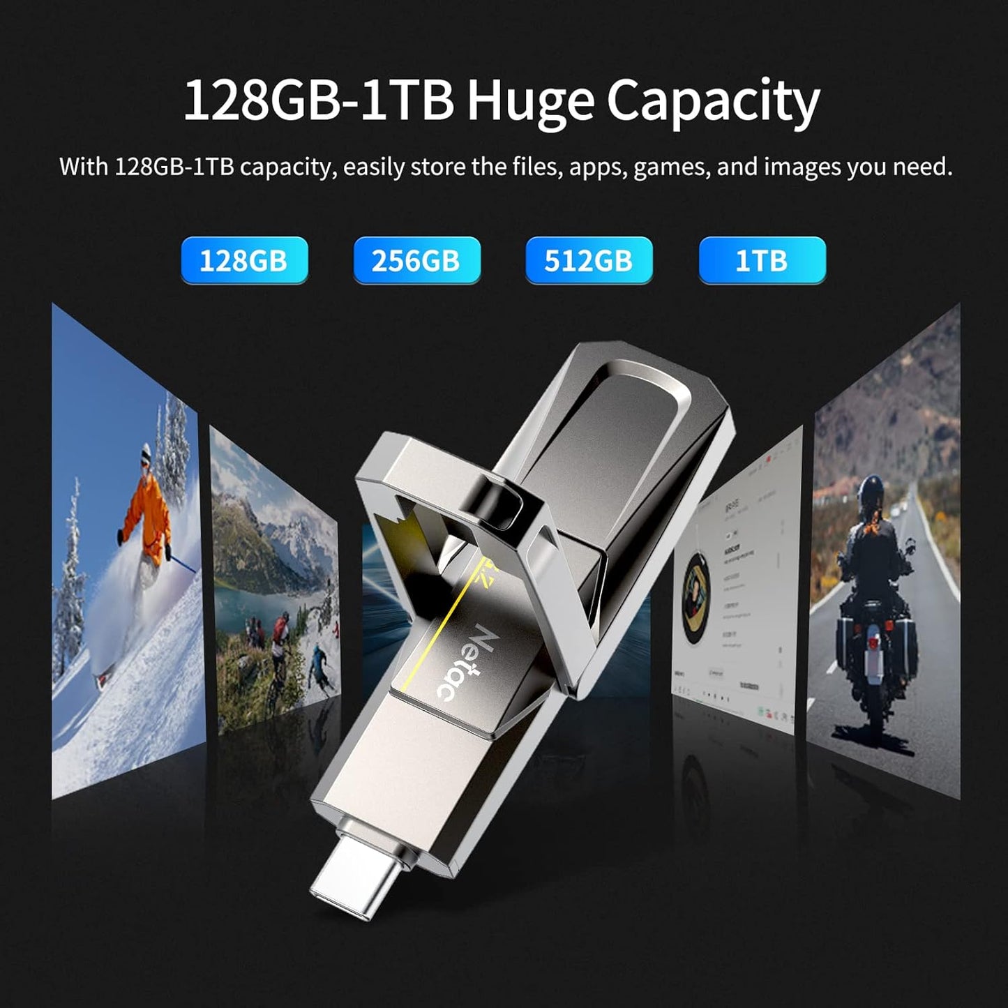 Netac 512GB Portable External USB Solid State Drive Type-c and USB 3.2 Dual Interface, up to 400MB/s for Data Storage, Expansion of Storage for Photos/Videos/Music/Files, US5