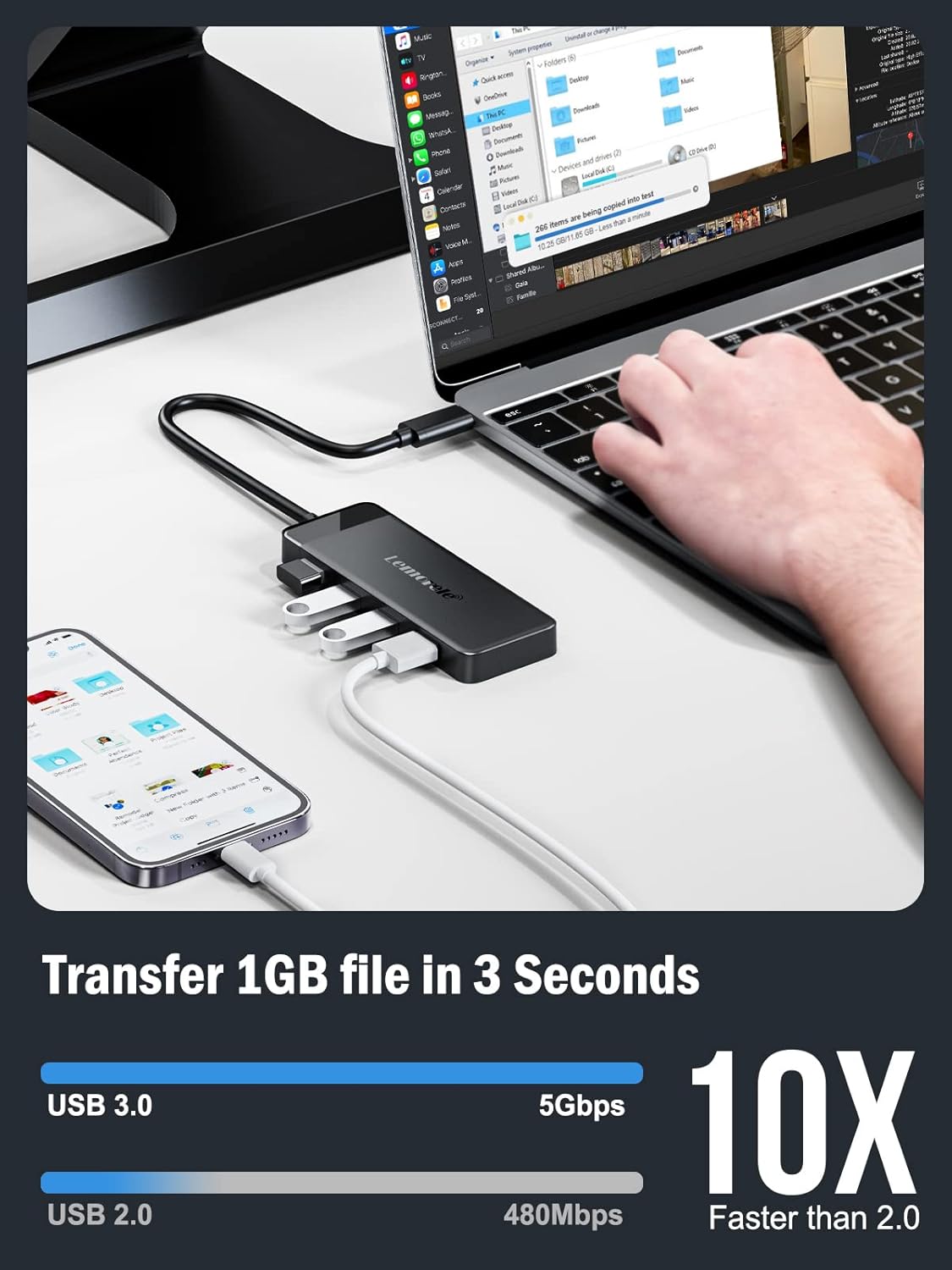 Lemorele 9-in-1 USB C Hub Multiport Adapter, USB C Dongle w/4K HDMI for MacBook Pro Air, 3 USB3.0 5Gbps and 1 USB2.0 Port, Type-C 3.0, 100W PD, SD/TF, Docking Station for Windows/iPad/Dell/HP/Lenovo