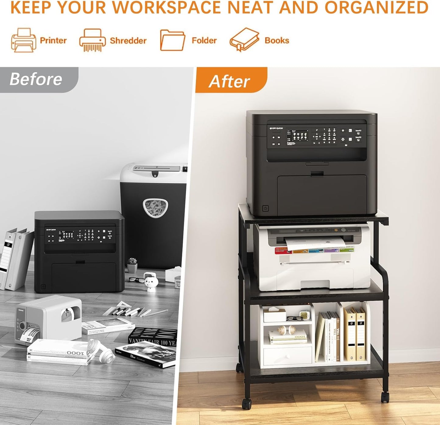 Large Printer Stand with Storage Shelf, 23.6" W x 18.9" D Printer Cart with Wheels, 3 Tier Mobile Printer Table for Home Office,Stands for Heat Press Scanner Fax (Black)