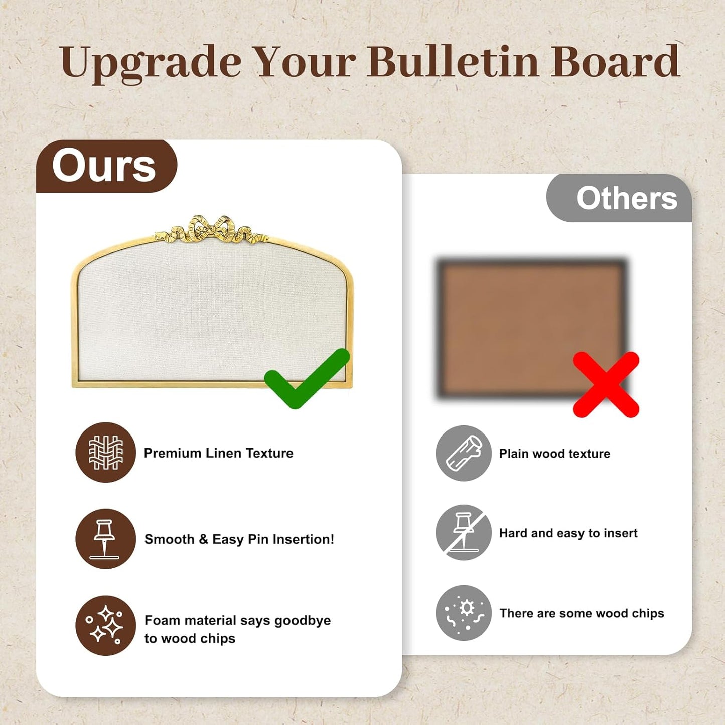 Vintage Arched Linen Cork Board with Gold Bowknot – Decorative Bulletin Board for Walls, Iron Frame Pin Board for Notes, Photos & Reminders, Elegant Vision Board for Home & Office 24"x 15" - Lumora Desk