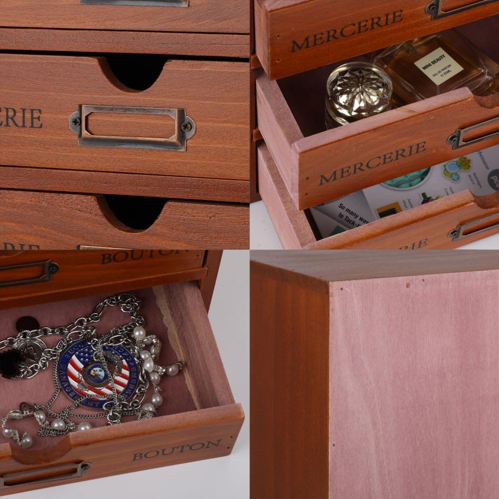 Wooden Storage Box with 5 Drawers Apothecary Drawers Vintage Wooden Drawers Wood Desktop Organizer with Drawers Countertop Drawers Library Card Catalog Cabinet Apothecary Cabinet (BROWN)