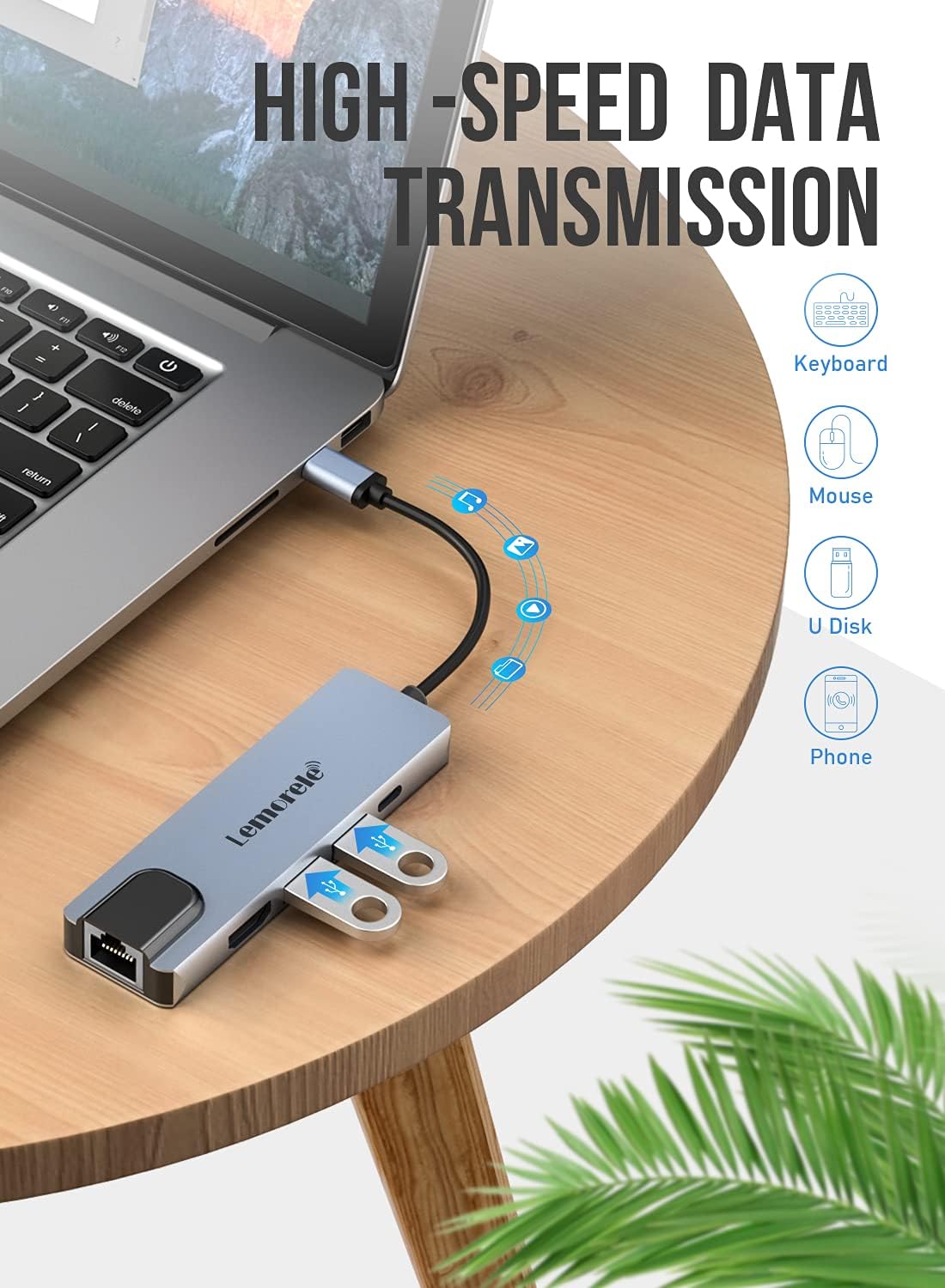 USB C Hub Adapter, Lemorele 5-in-1 Dongle Multiport Adapter with 4K HDMI, Ethernet, 2 USB 2.0 Ports, 100W PD Charging for MacBook M1 Air/Pro, iPad M1, Switch, XPS15, Windows