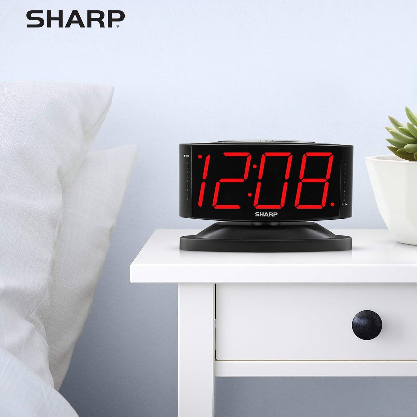 Sharp Home LED Digital Alarm Clock – Swivel Base - Outlet Powered, Simple Operation, Alarm, Snooze, Brightness Dimmer, Big Green Digit Display, (Midnight Black -Red LED)