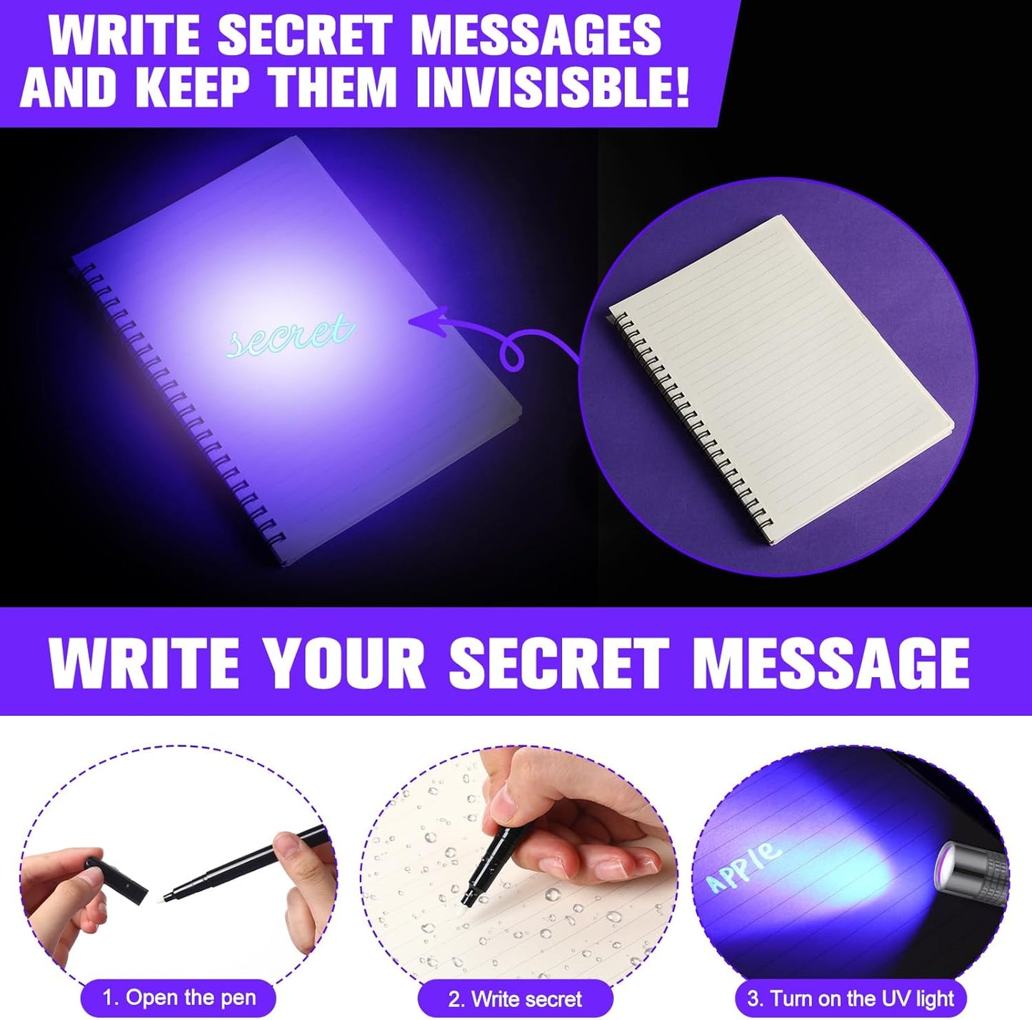 Tegeme 8 Pcs Black Light Markers Set 4 Invisible Ink Pen 4 Mini UV Flashlights Invisible Ink Marker Disappearing Pen for Class Prizes Spy Gift Party Favors(Silver and Black)