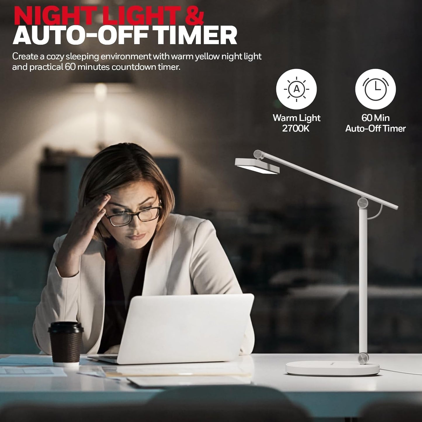 Honeywell Desk Lamp for Home Office, H4 Sunturalux™ Eye-Caring LED Desk Light, 700LM Dimmable Desk Lamp with Timer, Adjustable Desk Reading Light, Touch Auto Dimming Table Lamp for Study, Bedroom - Lumora Desk