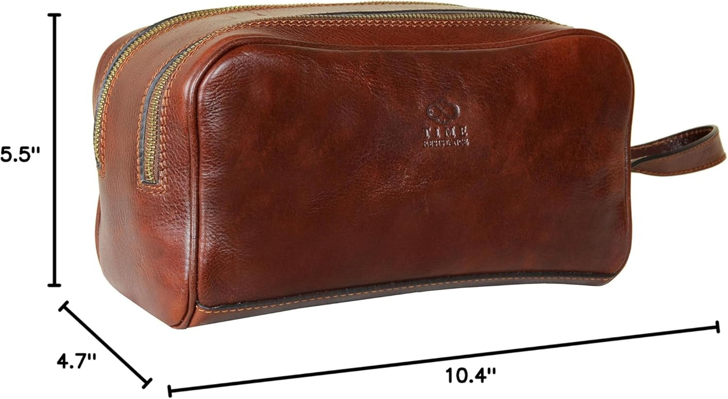 Time Resistance Leather Cosmetic Bag - Italian Toiletry Dopp Kit (Brown)