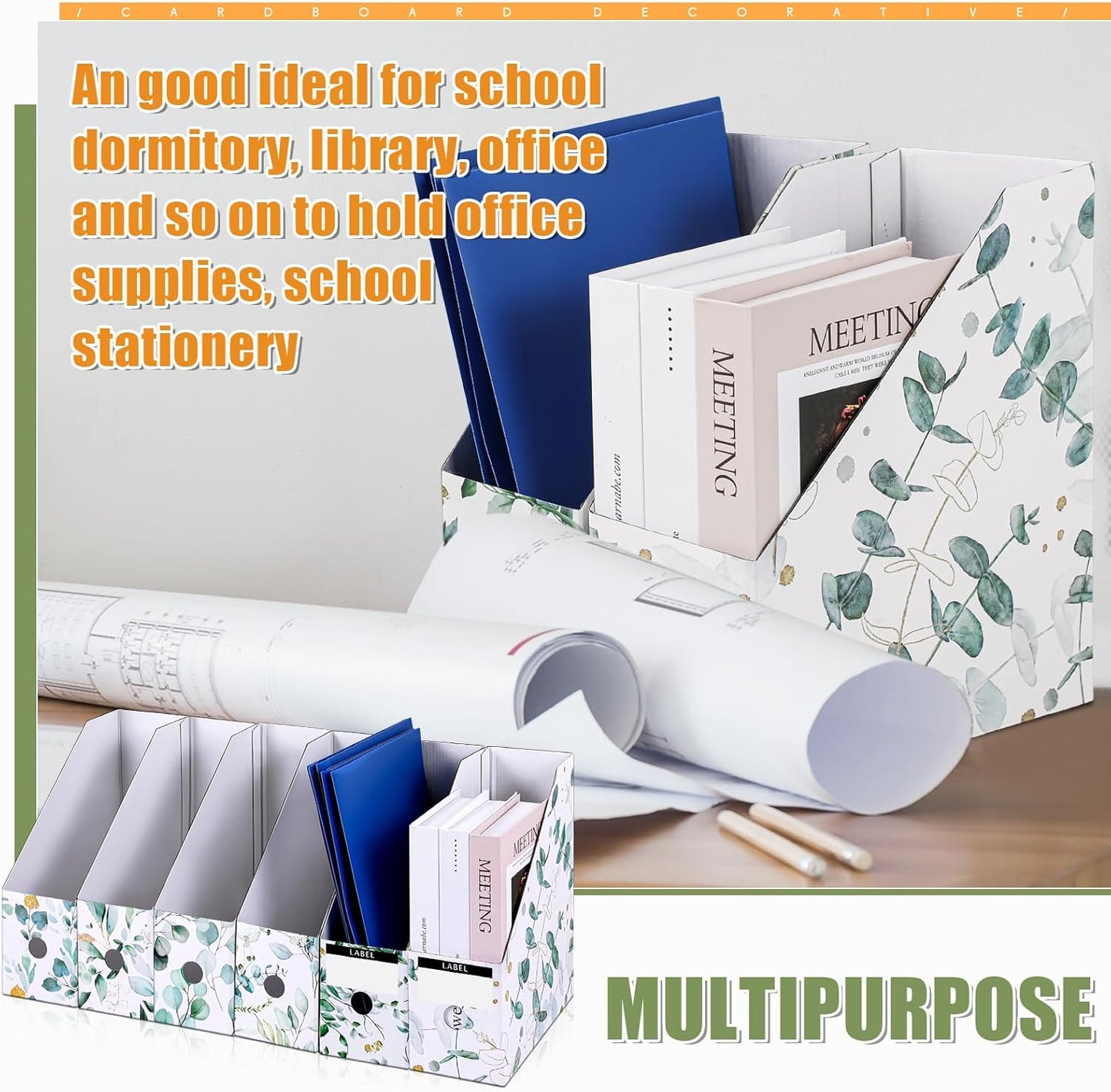 PerKoop 6 Pcs Magazine File Holder Foldable Decorative Cardboard File Folders 6 Patterns Floral Colored Magazine Rack with Printable Sticker Labels for School Office Home Desk (Eucalyptus Leaves)