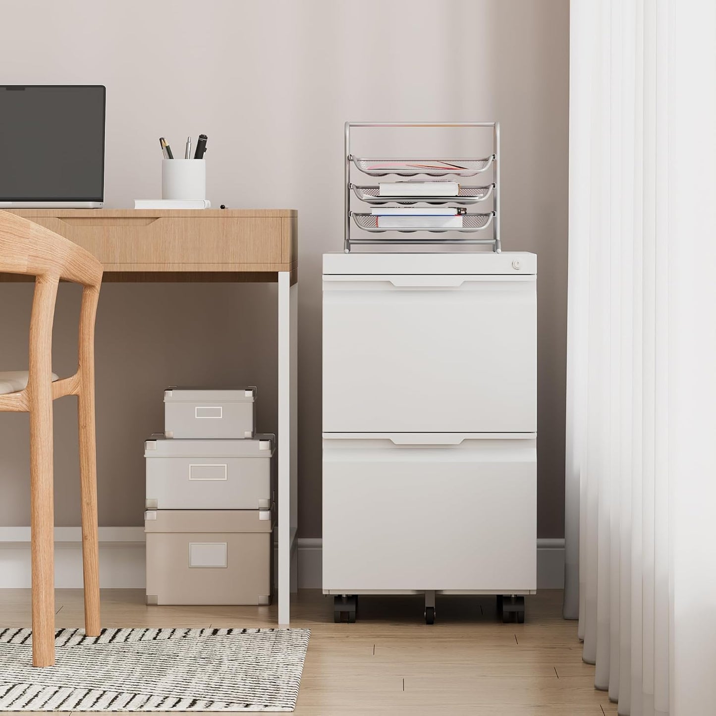 2 Drawer File Cabinet with Lock,Filing Cabinet for Home Office,Small Rolling for Legal/Letter/A4 File,Mobile Cabinets on Wheels Under Desk -White