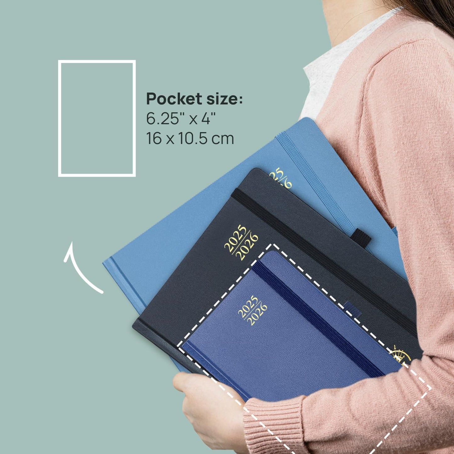 POPRUN Pocket Planner 2025-2026, (Purse Size 4''x 6.25'' Hard Cover) Academic Year Calendar Daily Weekly and Monthly (July 25-June 26) with Hourly Time Slots, 100 GSM Paper - Pacific Green