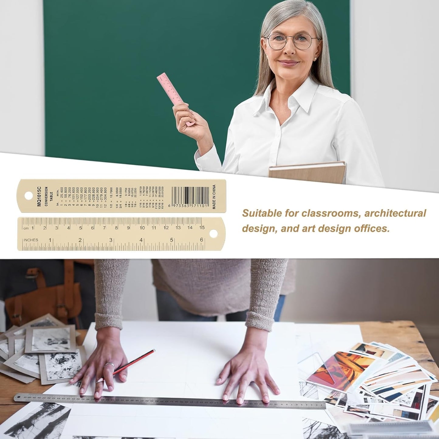 HARFINGTON 4pcs Metal Straight Ruler 15cm Metric SAE Aluminum Alloy Measuring Rulers Scale Tool with Hole for Measure Study Reading Classroom Office, Beige