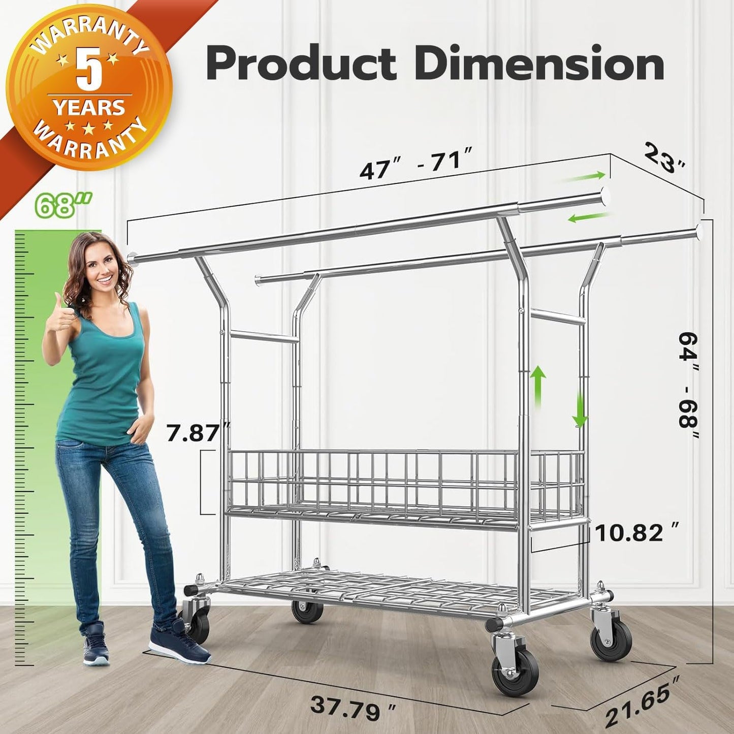 HOKEEPER Heavy Duty Clothes Rack Load 635 LBS, Clothing Rack for Hanging Clothes Adjustable Rolling Garment Rack with Wheels for Bedroom, Living Room (Double Rod with Metal Basket)