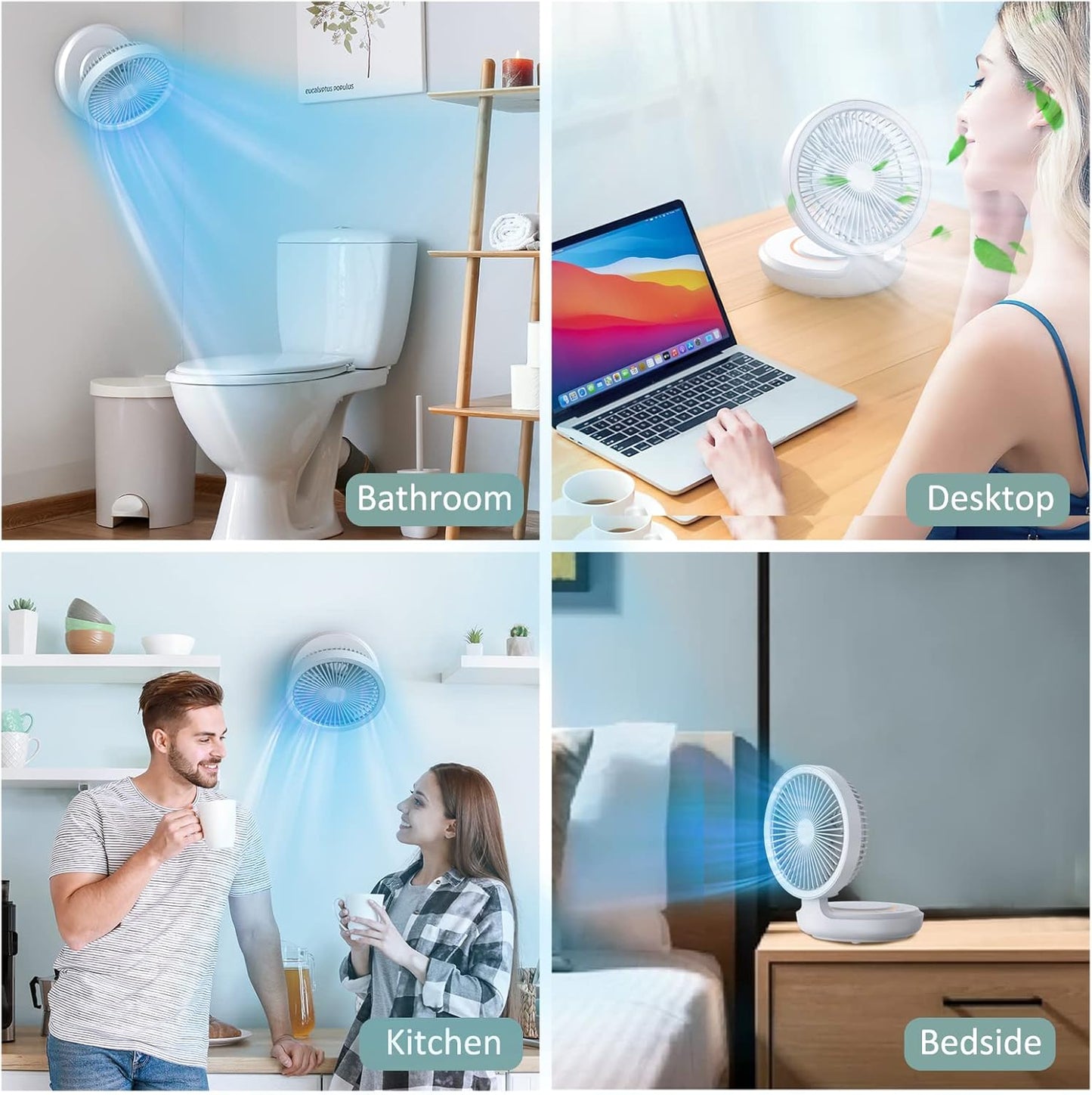shinic Foldable Small Desk Fan with LED Night Light, USB Rechargeable Portable Wall-Mounted Fan, 4 Speeds Quiet Hanging Fan for Bedroom, Office, Dorm, Camping, Outdoor Use