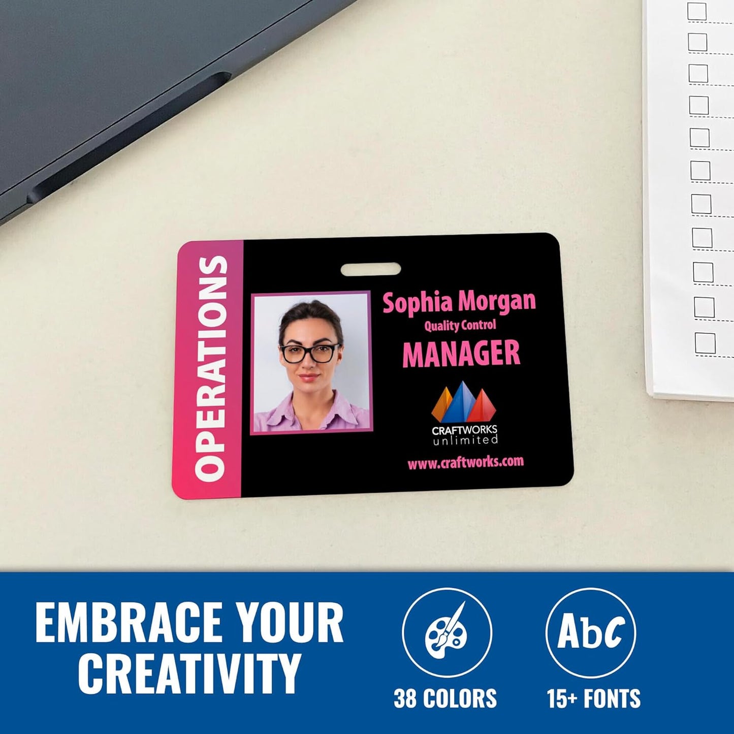 Custom Print Employee ID Badge with Vertical Side Text, Double Sided Print with Name, Photo, Logo, and Barcode β Unique Photo ID Card Solution (ID Horizontal)