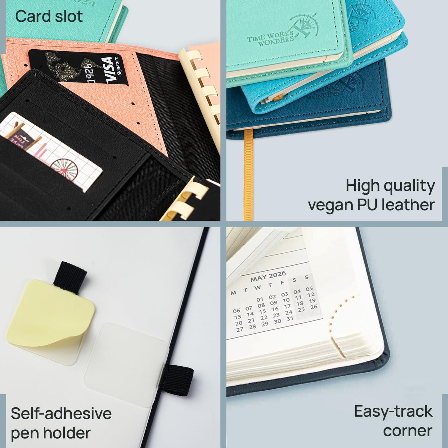 POPRUN 2026 Pocket Planner (Slim Size 3.5" x 6.5") Weekly and Monthly Calendar for Purse, with Hourly Time Slots, 100GSM Thick Paper, Spiral Soft Cover, Pen Holder - Blue Green