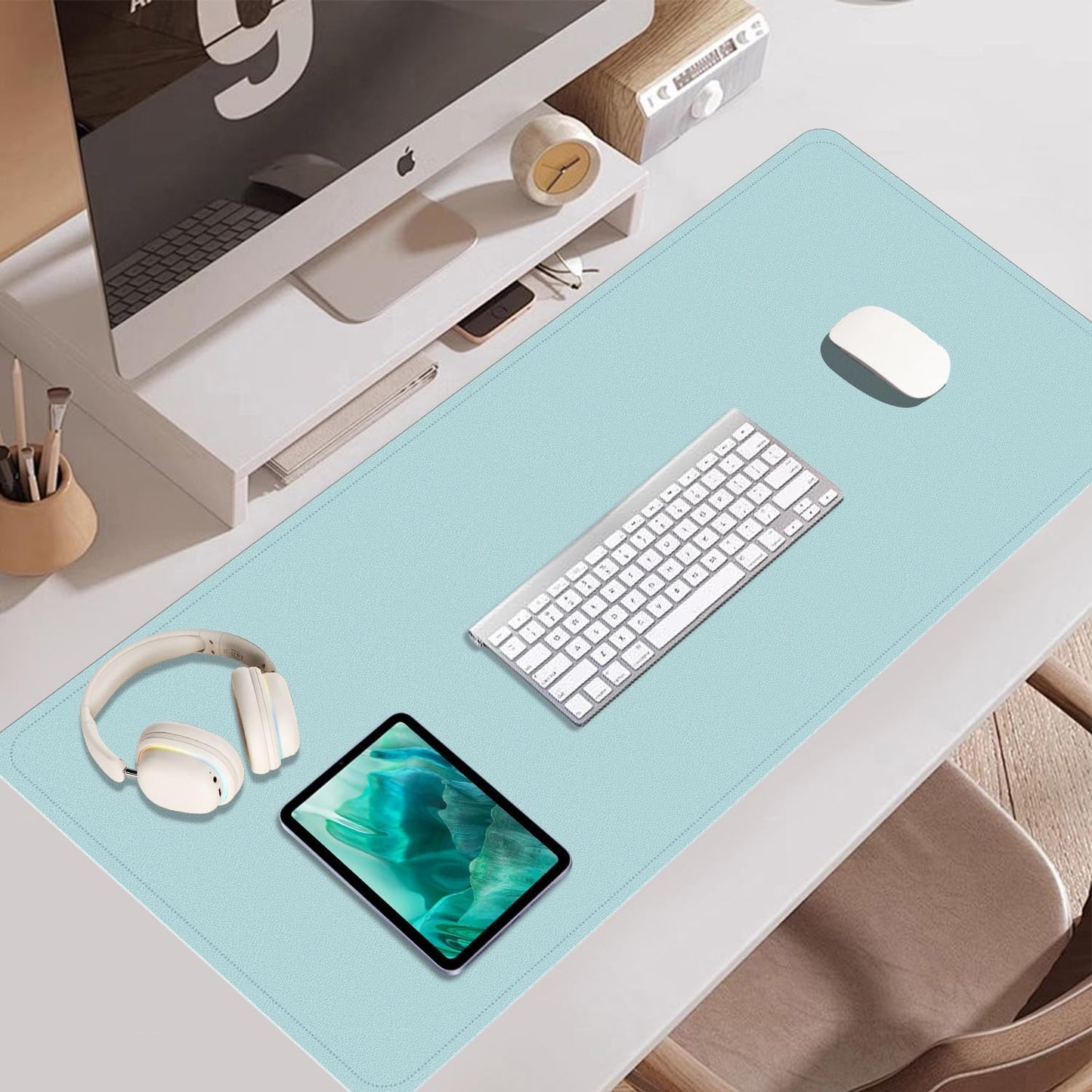 Large Leather Desk Pad Protector, 47.2'' x 23.6'', Office/Home/Decor - Light Blue