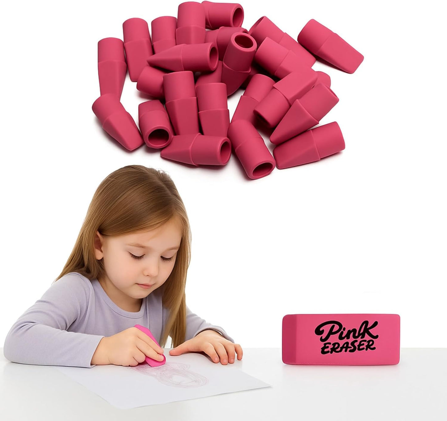 30 Pcs Pink Eraser Bulk Set ā 6 Block Erasers and 24 Pencil Top Erasers, Smudge-Free, School Supplies for Students, Teachers, Drawing, Office, Homework Use (Pink)