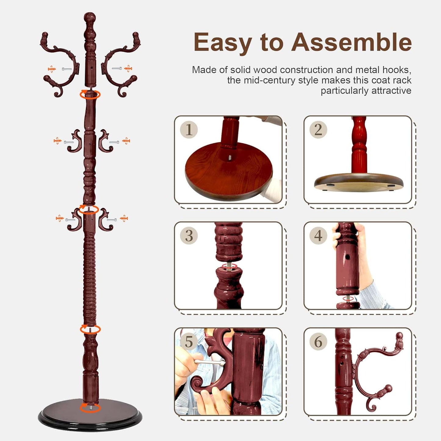 Wooden Coat Rack Freestanding with 18 Hooks, Adjustable Height Coat Tree Free Standing Heavy Duty for Entryway, Easy Assembly Solid Wood Sturdy Coat Hats Hanger Stand for Office Hallway Bedroom