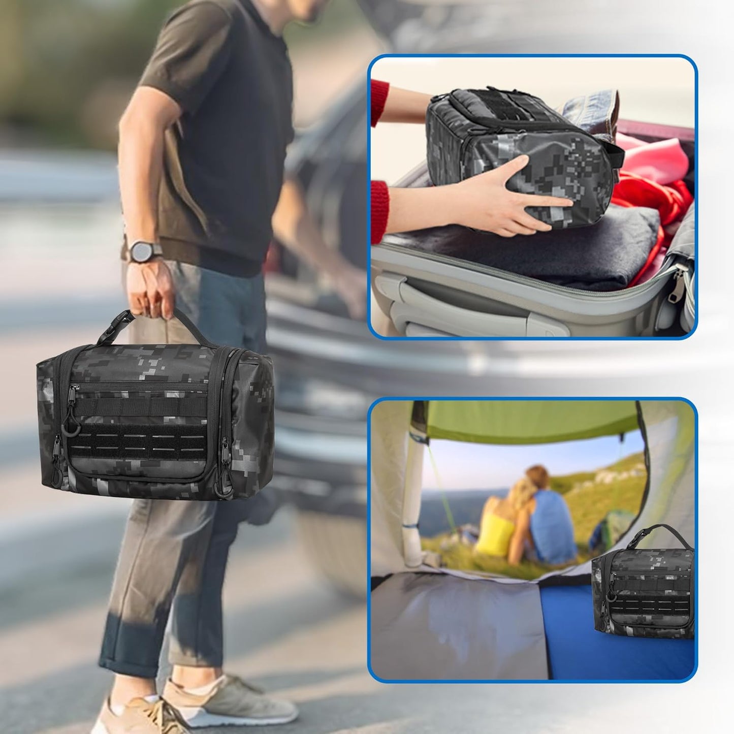 Hanging Toiletry Bag for Men, Tactical Dopp Kit Toiletry Travel Bag, Large Hygiene Organizer Shower Bag for Camping Outdoor, Black Digital
