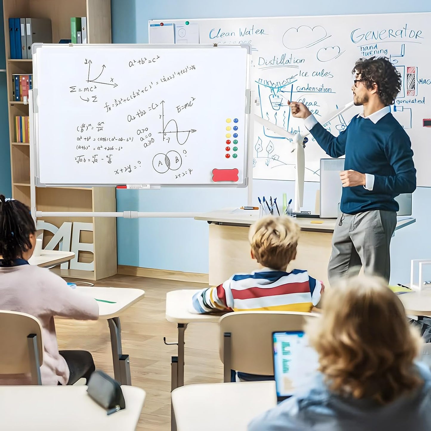 Rolling White Board with Stand 24 x 36, Magnetic Dry Erase Board on Wheels, Double Sided Mobile Whiteboard Easel, Height Adjustable Standing Board for Classroom Office Home (White)