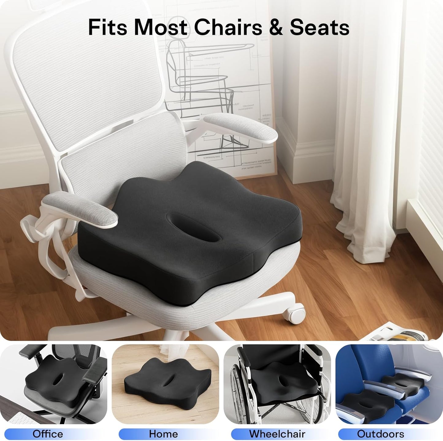 Seat Cushions for Office Chairs - Pressure Relief Seat Cushion - Car Seat Cushions for Pressure Relief, Tailbone Pain, Sciatica & Back Pain Relief for Office Chairs (Jet Black)