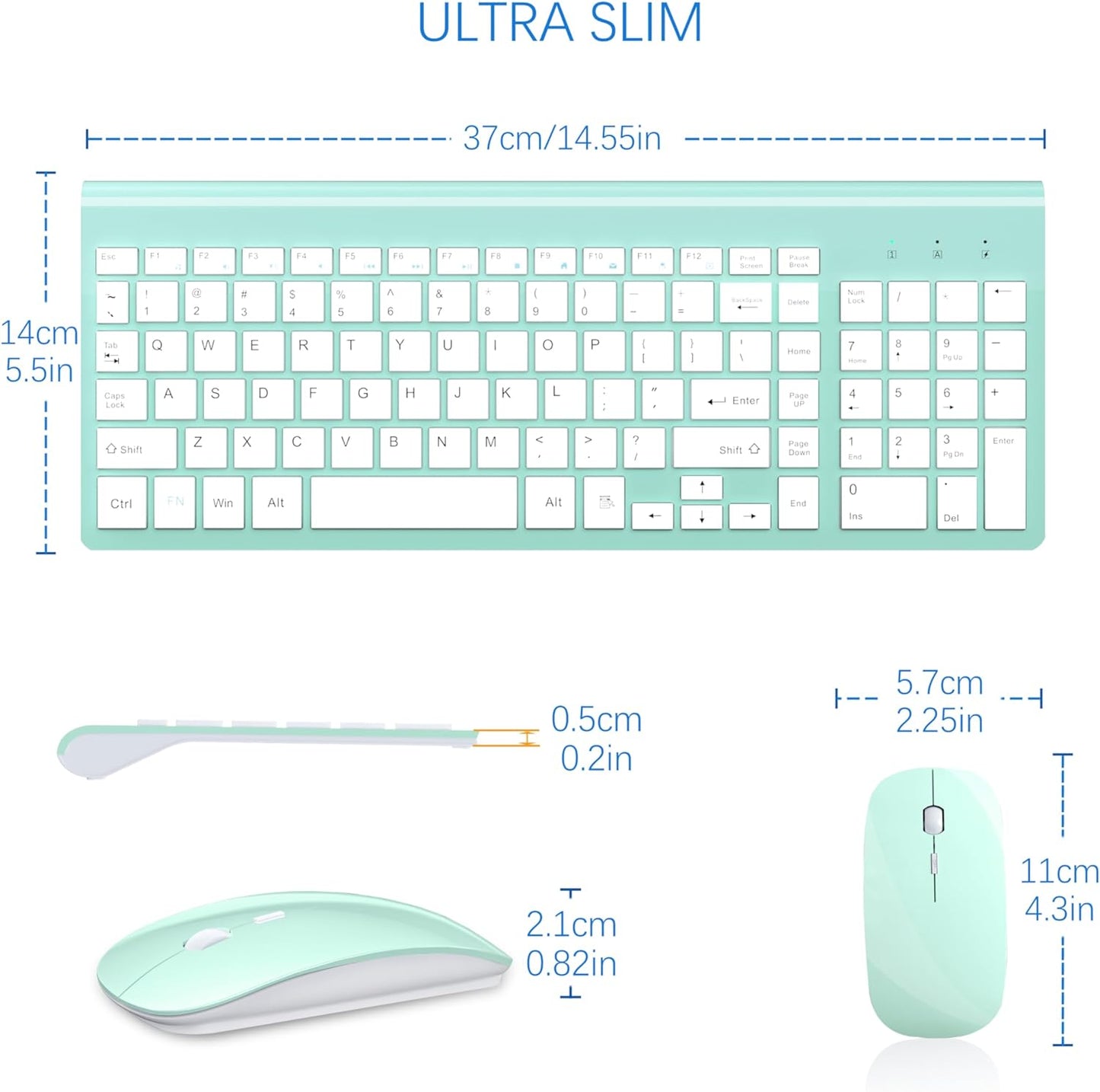 Wireless Keyboard and Mouse Ultra Slim Combo, TopMate 2.4G Silent Compact USB 2400DPI Mouse and Scissor Switch Keyboard Set with Cover, 2 AA and 2 AAA Batteries, for PC/Laptop/Windows/Mac - Mint Green