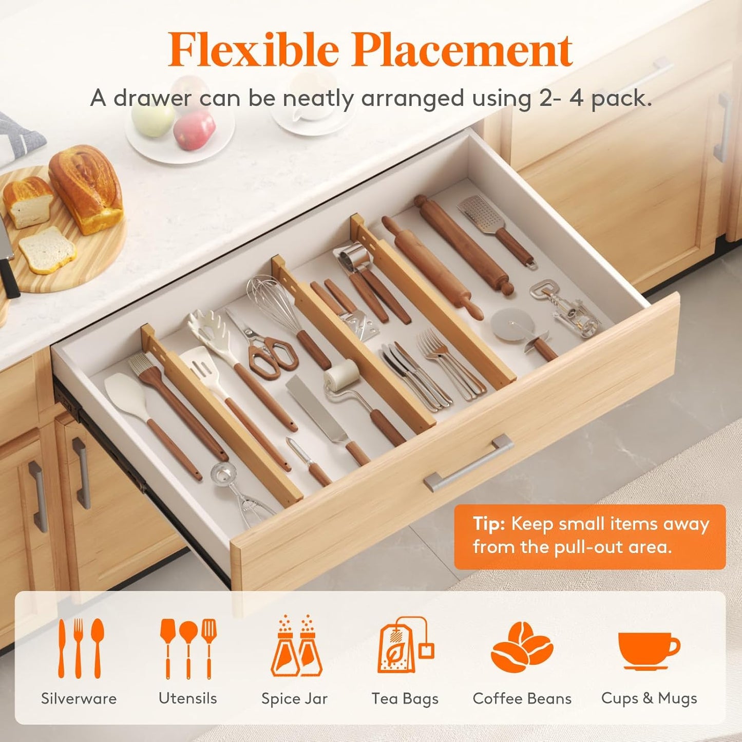 Lifewit 8 Pack Drawer Dividers Bamboo 2.4" High, 16-22" Adjustable Drawer Organizers for Clothes, Wooden Dresser Separators in Bedroom/Bathroom/Kitchen/Fridge/Office Organization and Storage