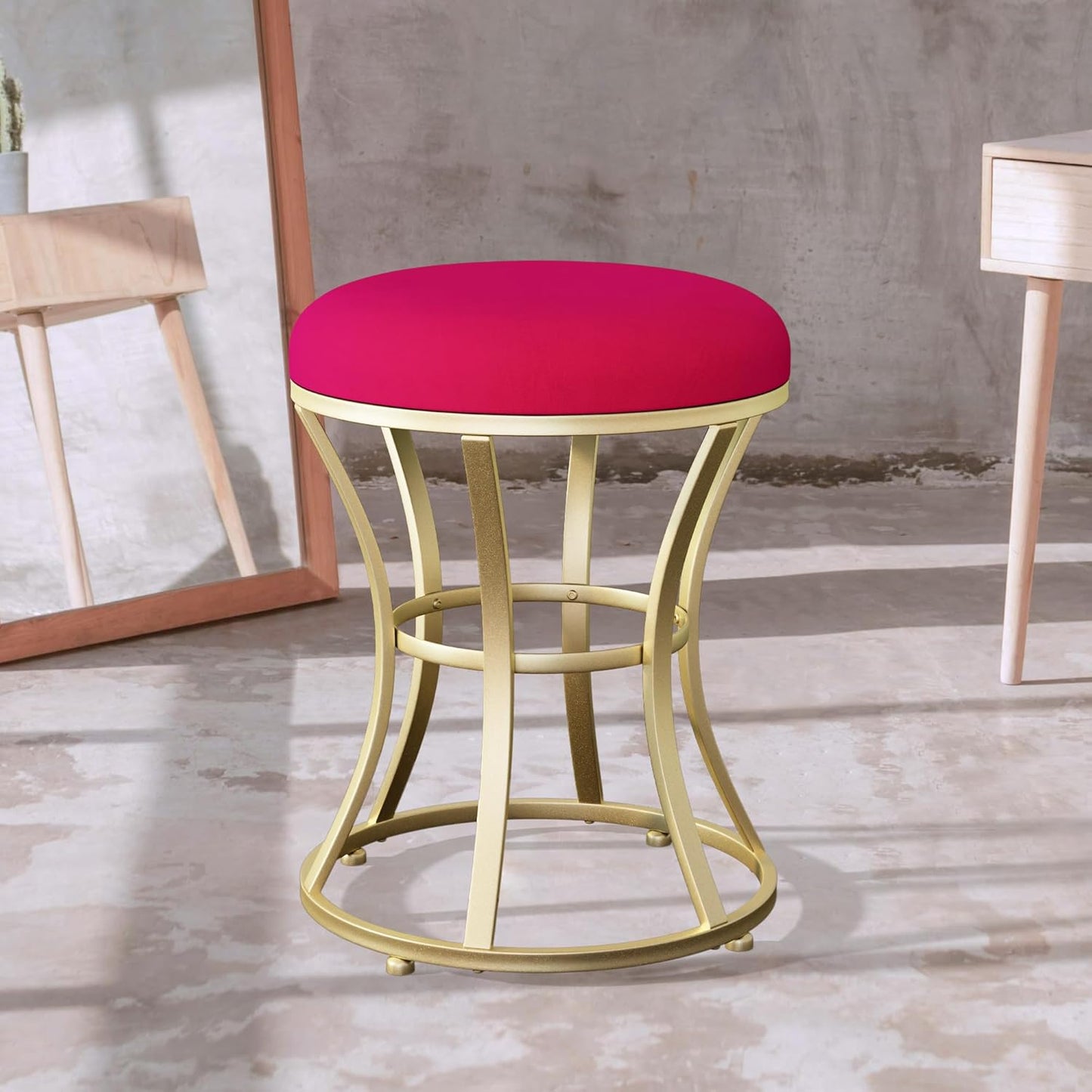 Velvet Round Vanity Stool,Red Velvet Footrest Ottoman Foot Stool Seat with Golden Metal Legs,Makeup Chair for Bathroom Vanity,Bedroom,Living Room