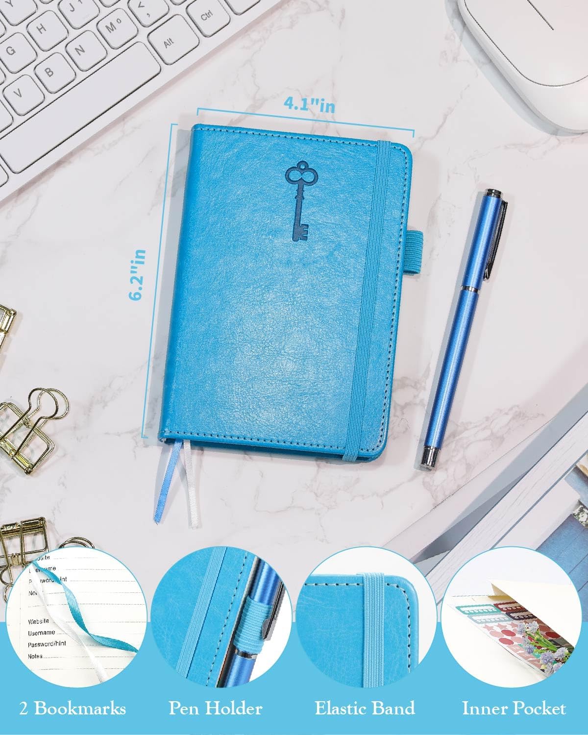 Small Password Keeper Book with Colorful Alphabetical Tabs, Hardcover Password Log-book for Internet Password and Website Address, 4.1"×6.2" Password Notebook for Home Office (Blue)