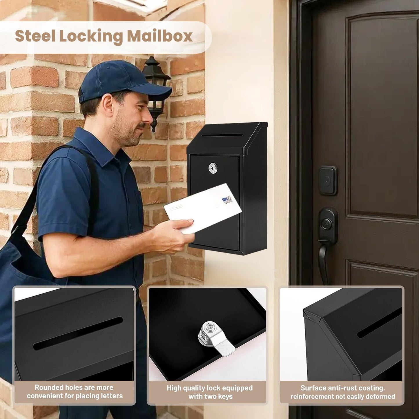 Metal Donation Money Cash Drop Box with Lock and Slot Suggestion Box Wall Mounted Ballot Container Mailbox Delivery for Home Office (Black, 10.24″ x 5.71″ x 2.95″)