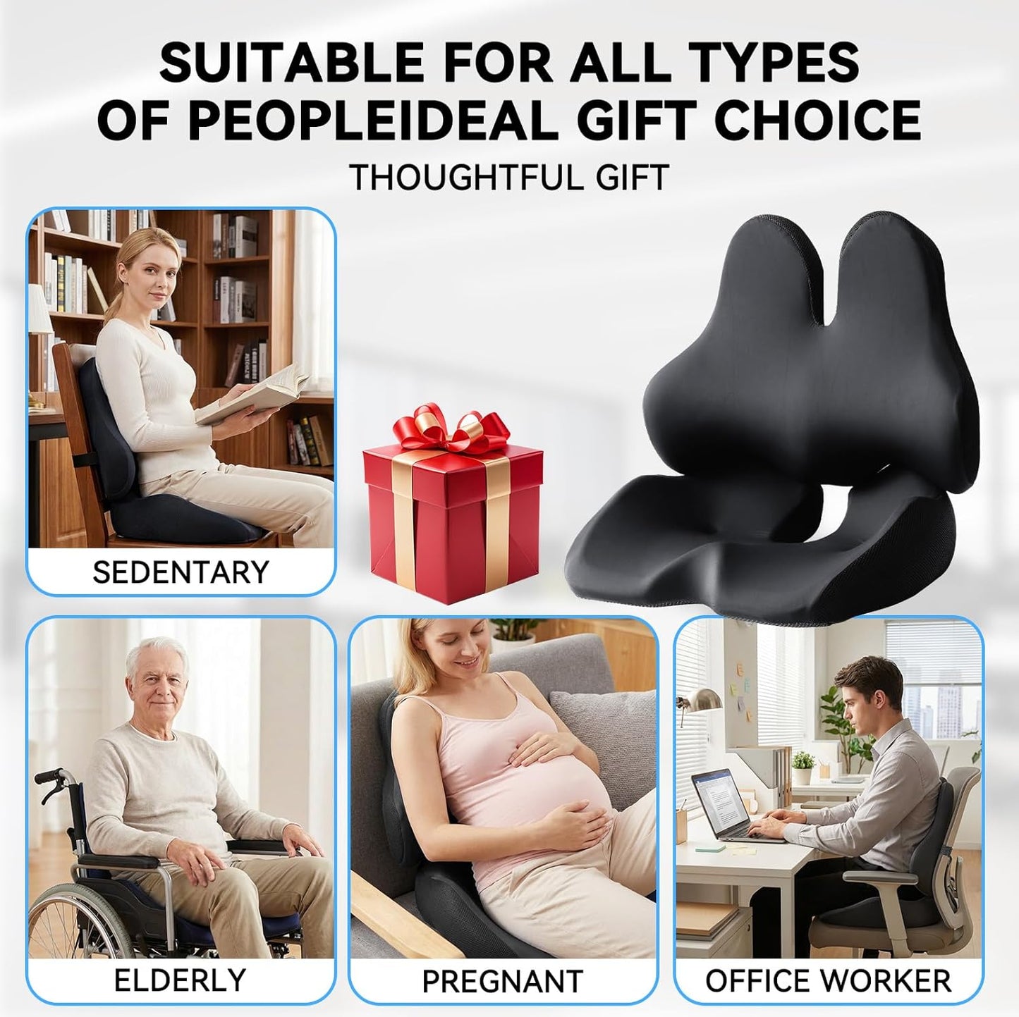 Seat Cushion Lumbar Support Pillow Set, X Large Memory Foam Coccyx Pad for Tailbone & Sciatica Pain Relief, Office Chair Cushions Back Support for Car, Desk, Wheelchair with Adjustable Fixed Strap