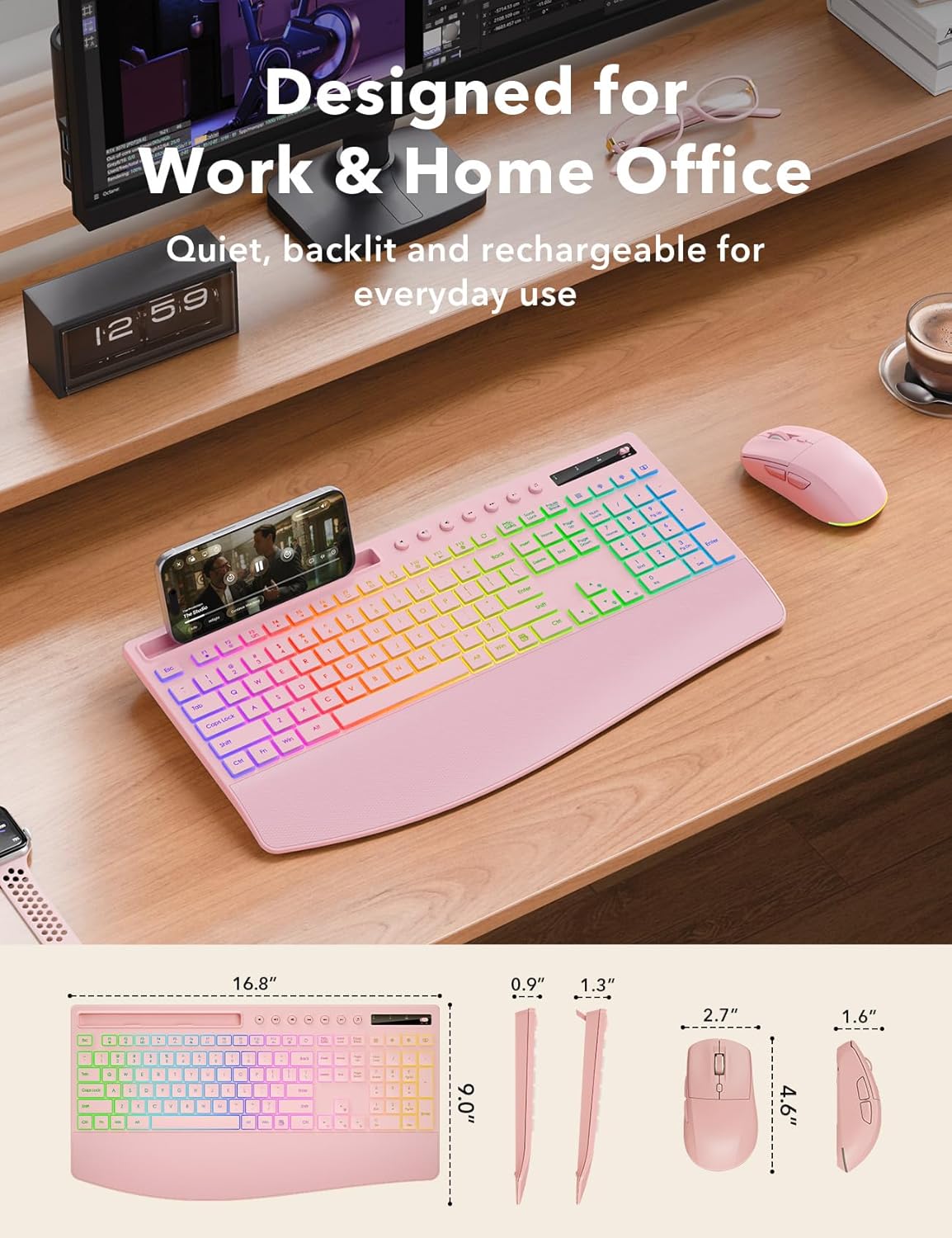 Trueque Wireless Keyboard and Mouse Combo, 4000mAh Rechargeable Backlit Keyboard with Wrist Rest & Phone Holder, Full Size Quiet Typing 2.4G USB-A/Type-C for PC Laptop Windows Mac (Pink)