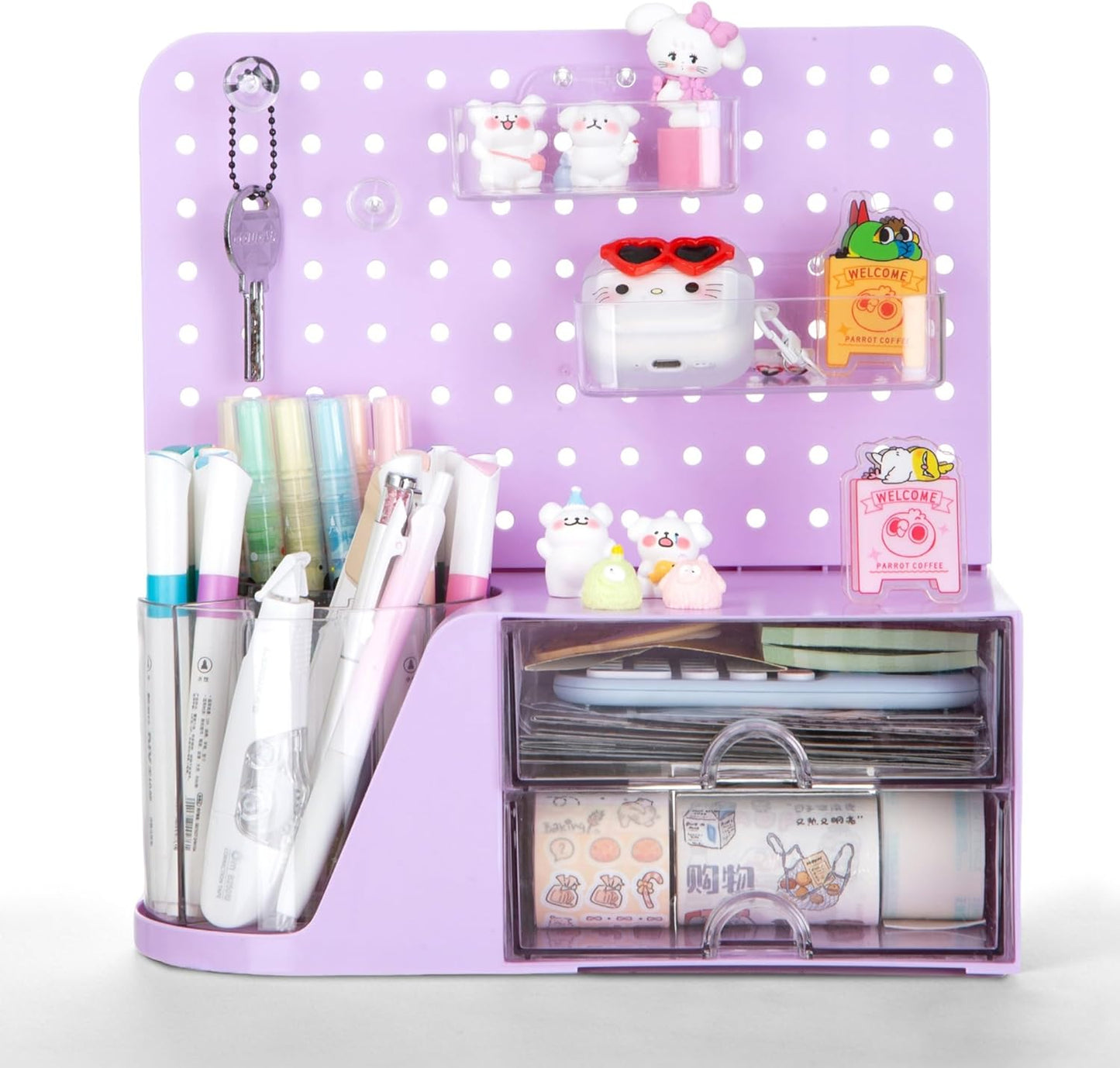 Comix Desk Organizer with Drawer, 360° Rotating Pen Holder for Desk, Pen Organizer with 5 Slots Pencil Holder+Pegboard+2 Drawer for Office Home Art Supplies (Purple)